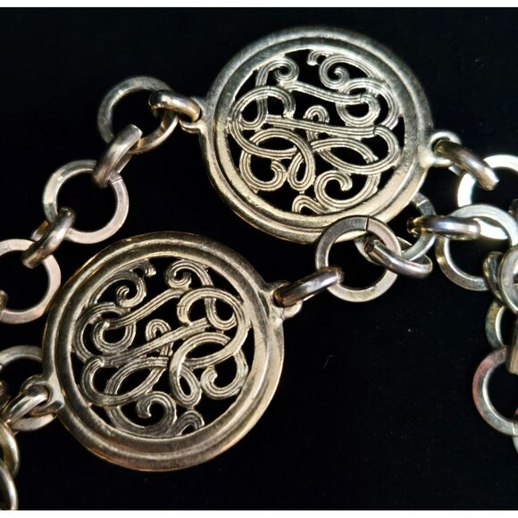 Vintage Monet Goldtone Station Necklace Bees Script Medallions 60" Necklace - Picture 4 of 5